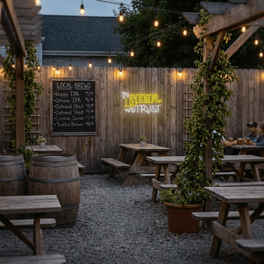 Outdoor beer garden with wooden tables, barrel seats, string lights, a Neon In Beer We Trust sign, a neon coffee cup display, and a menu board listing local brews on the wooden fence.