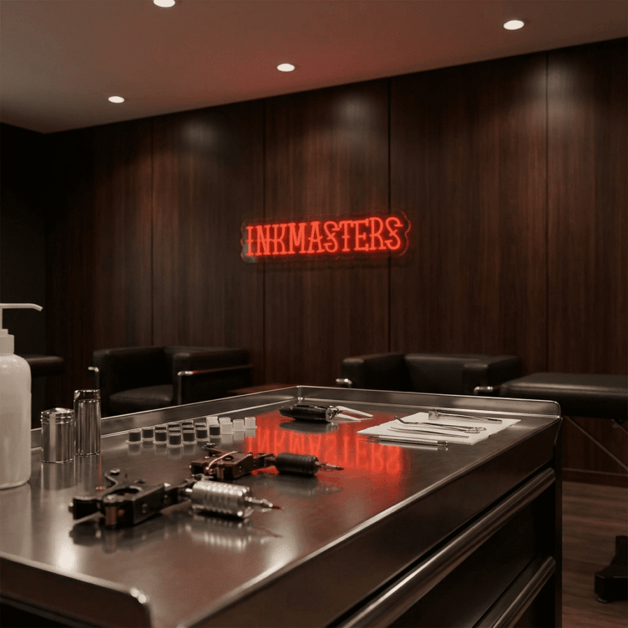 A tattoo studio showcases a metal workstation with tattoo gear, ink caps, gloves, black sofas, and a glowing Neon Inkmasters sign in the background.