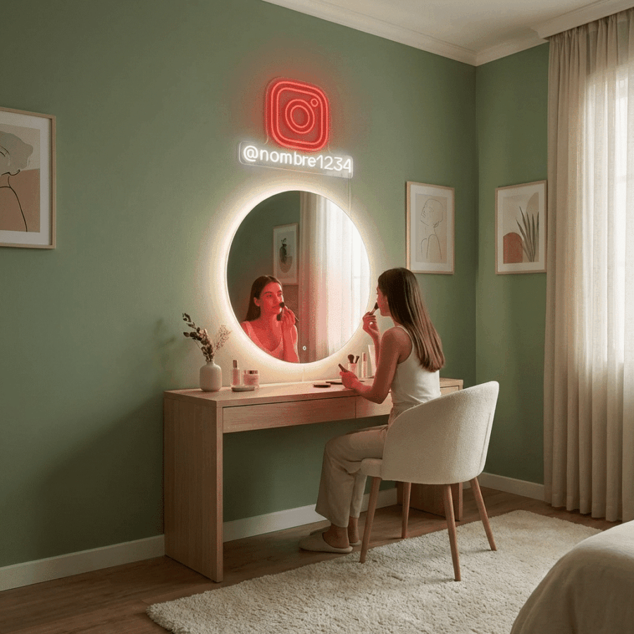 In a bedroom, a woman applies makeup at her vanity. Above the mirror on the green wall is an Instagram Neon Sign with Name, displaying the logo and handle "@nombre1234.