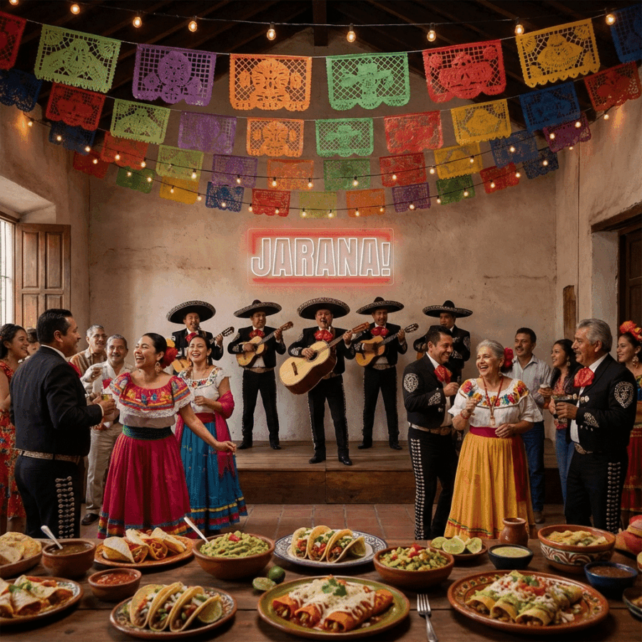 A group in traditional Mexican attire dances and mingles by a food table, with a mariachi band playing under colorful papel picado and a "Neon Celebration" sign.