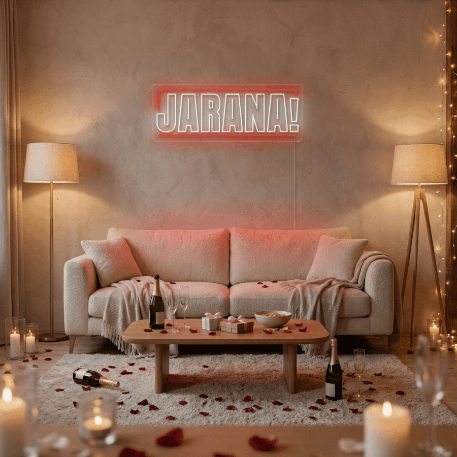 A cozy living room with a beige sofa, a wooden coffee table topped with drinks and snacks, rose petals, candles, and a vibrant "Neon Celebration" neon sign glowing on the wall.