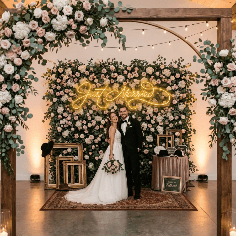 A bride and groom smile in front of a floral wall featuring the Just Married Neon sign, surrounded by frames, flowers, wedding decor, and beneath a wooden arch.