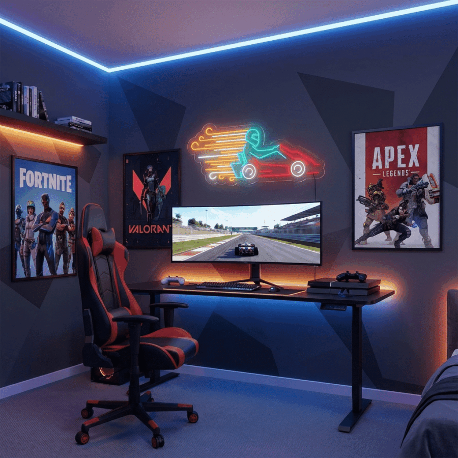 A modern gaming setup featuring the KARTS Neon lights, a large curved monitor, gaming chair, and wall-mounted posters of Fortnite, Valorant, and Apex Legends in a dimly lit room.
