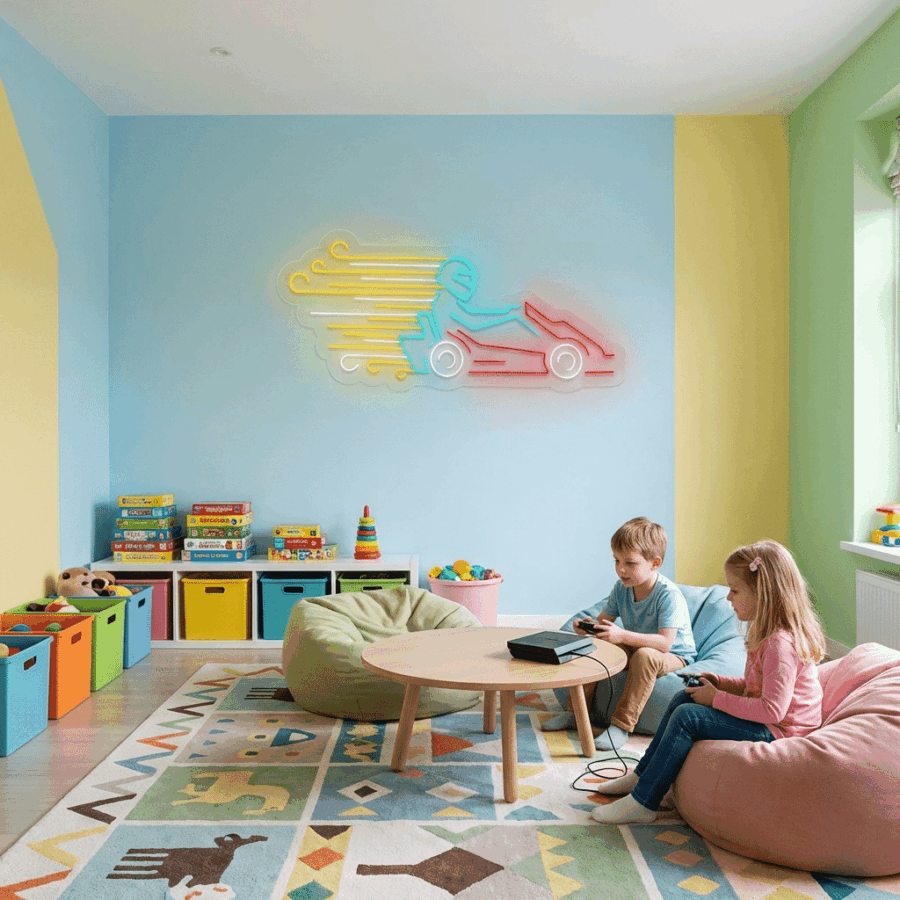 Two kids sit on beanbags at a round table, playing video games in a colorful playroom filled with toys, storage bins, and illuminated by the KARTS Neon race car wall light.