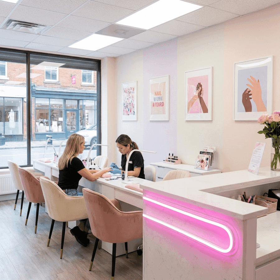 Two women sit at a manicure station in a modern nail salon with pastel walls, framed art, and a 10-meter pack of LED Neon Second Generation lighting glowing at the front desk.