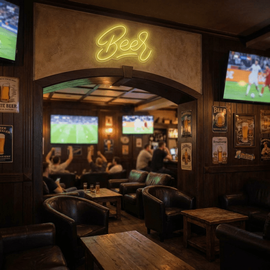 A cozy pub interior with leather chairs, wooden tables, and multiple TVs showing sports. A radiant Neon Beer Sign glows above an archway as patrons sit comfortably, watching the games.