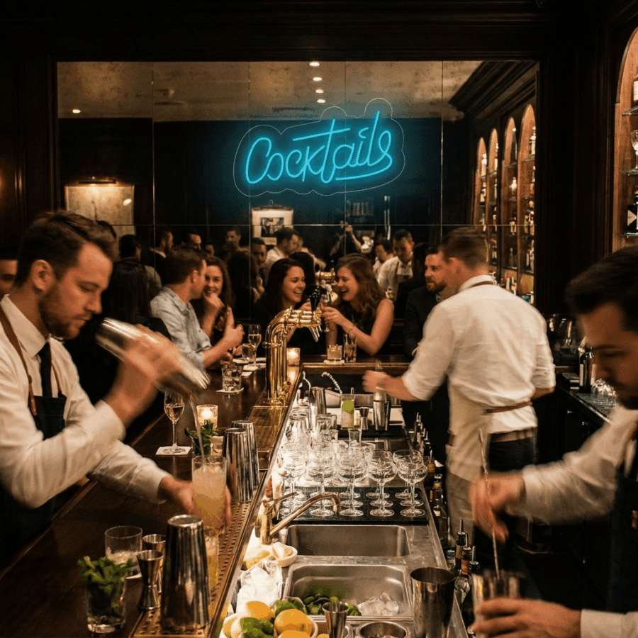 Bartenders mix drinks behind a lively bar as guests mingle. A Neon Sign COCKTAILS and a glowing "Take a Selfie" message are displayed on the mirrored wall in the background.