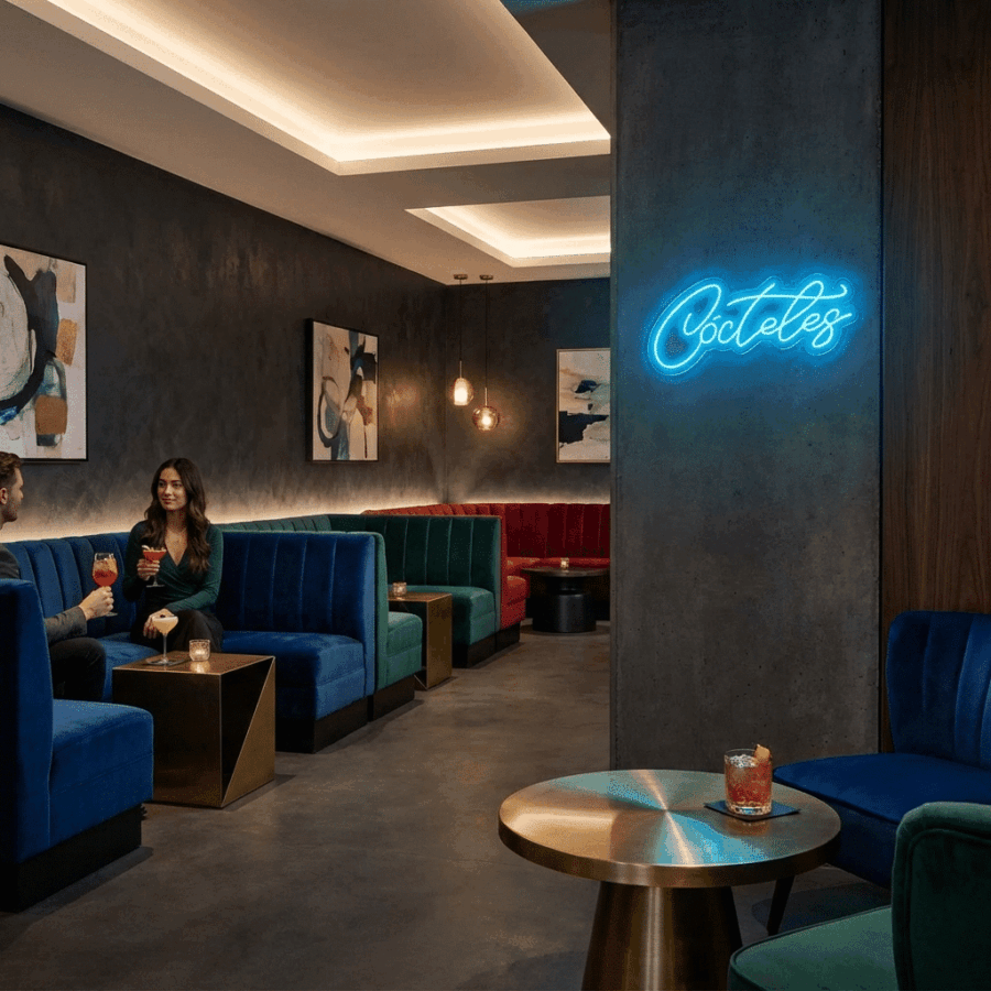 A modern lounge features blue and red booths, abstract wall art, and a Neon Cocktail Sign. Two people enjoy drinks at a table while another cocktail sits on a nearby round table.