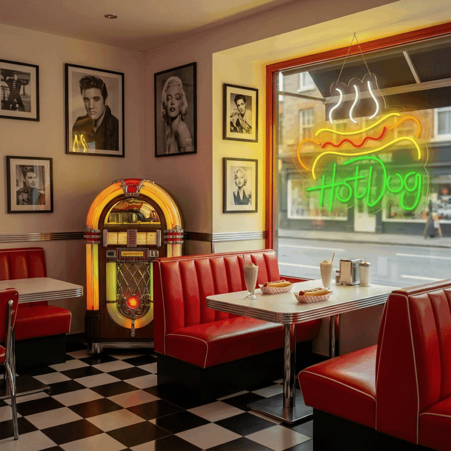 A retro diner with red booths, a jukebox, checkered floors, milkshakes and fries on the tables, a glowing Hot Dog Neon Sign, and black-and-white celebrity photos on the walls.