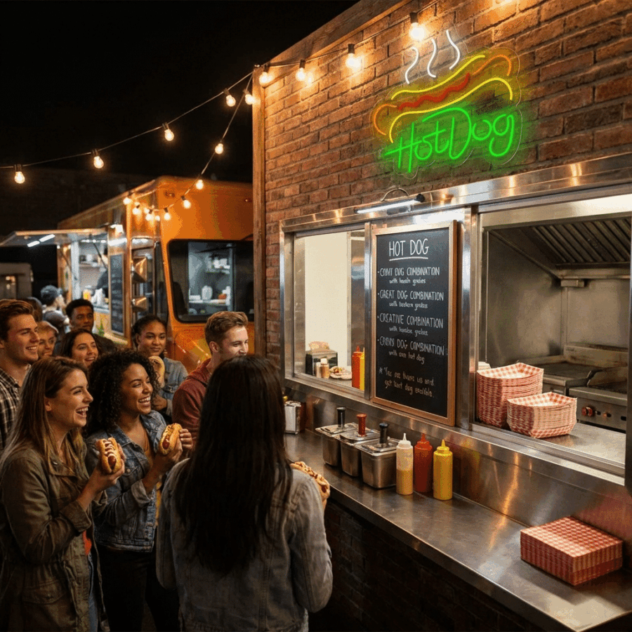 A group stands in line at a food truck under string lights at night, holding hot dogs. A glowing Hot Dog Neon Sign and condiment bottles add to the warm evening atmosphere above the counter.