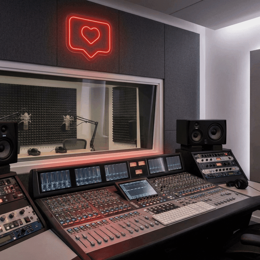 A modern recording studio features a large audio mixing console and a soundproofed room with mics and chairs, while a Neon Like IG red heart icon glows on the wall.