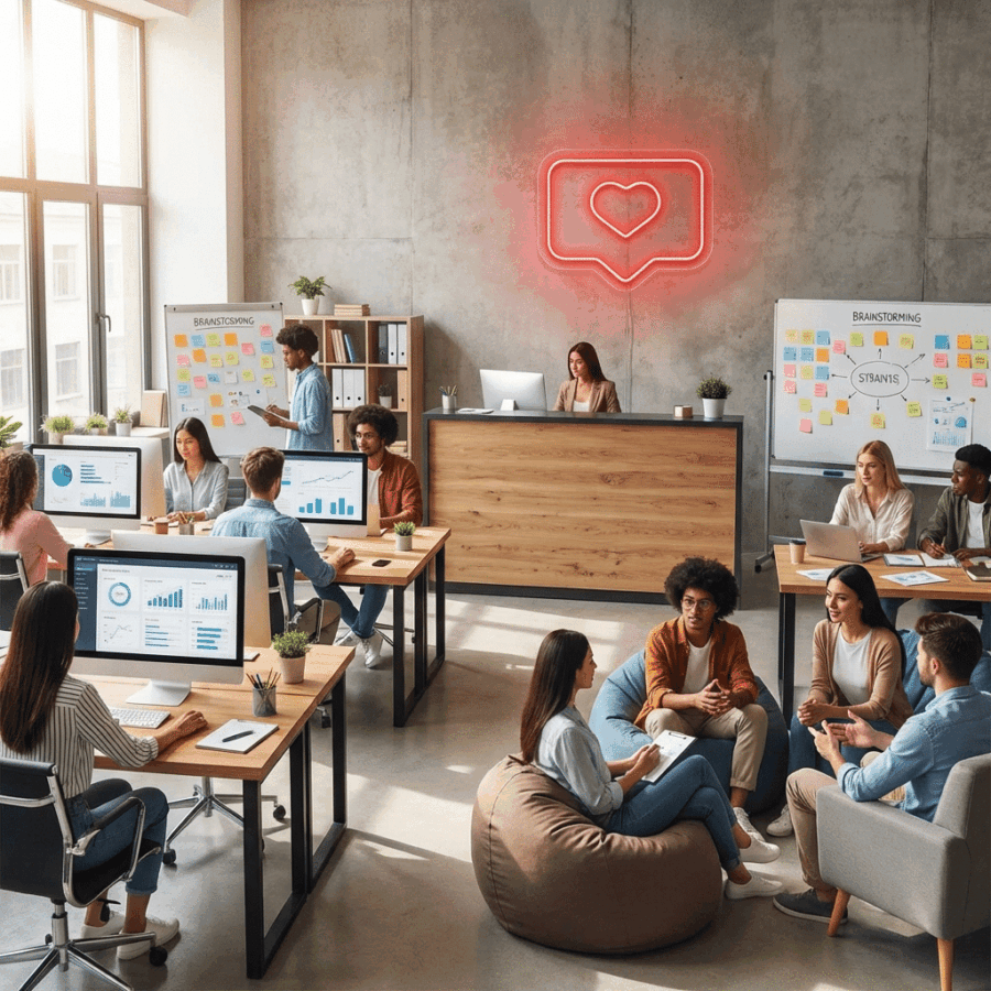A modern office features groups collaborating, working at computers, brainstorming with sticky notes, and a Neon Like IG sign lighting up the wall behind a sleek reception desk.