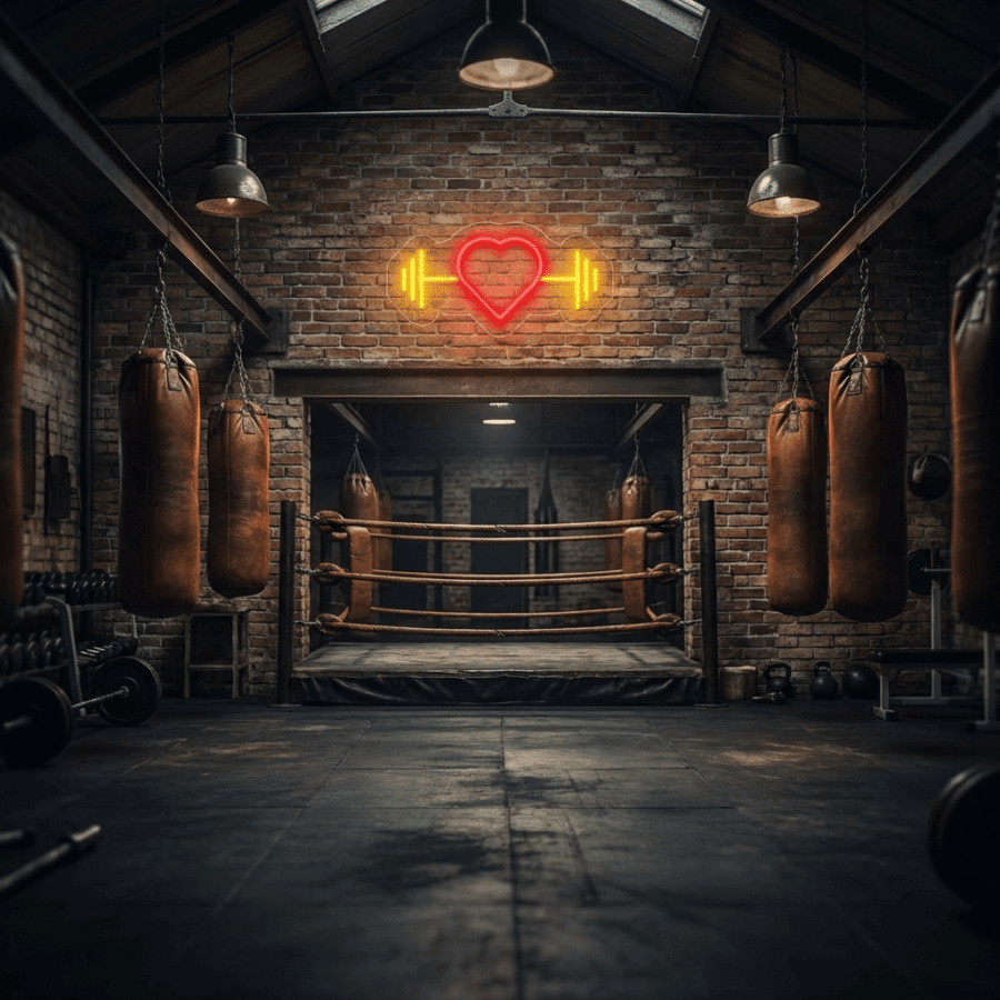 A boxing gym with punching bags, a ring, and gym equipment features a glowing neon heart and barbell sign above the ring that reads "Neon Love Gym.