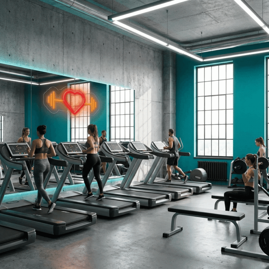 People working out on treadmills and lifting weights in Neon Love Gym, a modern gym with large windows and a neon heart-and-barbell sign glowing on the mirror.