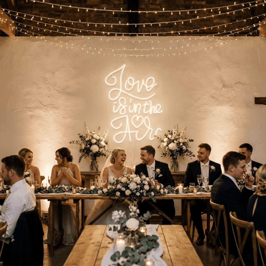 A wedding party sits at a decorated table in front of the Neon Love is in the air sign, surrounded by string lights and floral arrangements.