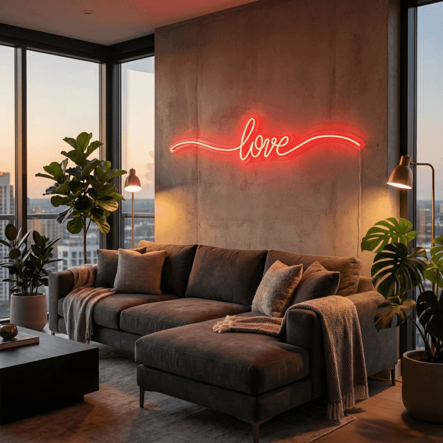 Modern living room featuring a dark sectional sofa, large windows, indoor plants, and the Neon Love sign glowing in red on the concrete wall.