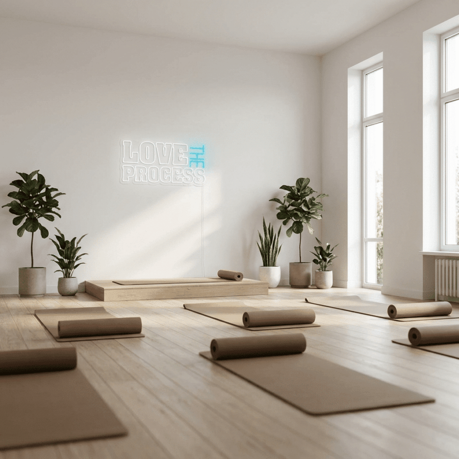 A bright, minimalist yoga studio with rolled mats, large windows, potted plants, and a neon sign that says "Love the process.