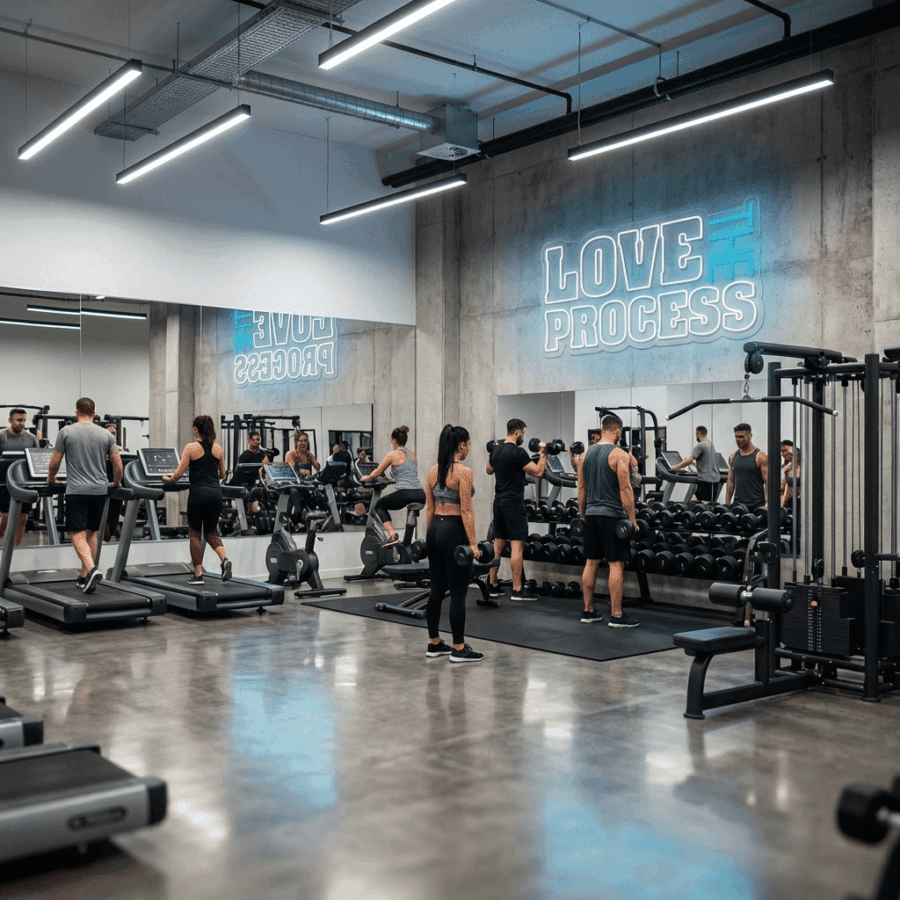 People working out on treadmills and with free weights in a modern gym with concrete walls, large mirrors, and a Neon Love the process sign on the wall.