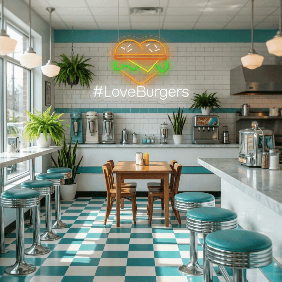 A retro diner with teal and white decor, turquoise stools, plants, and the Neon #LoveBurgers sign glows as sunlight streams through the large windows.