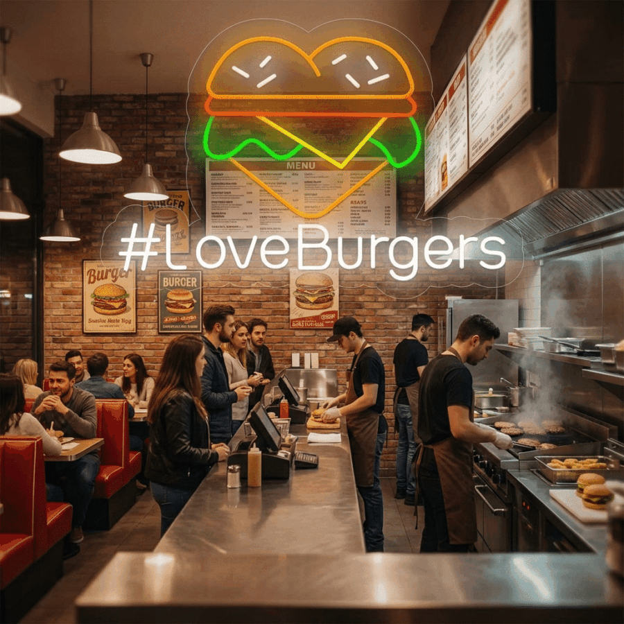 A bustling burger eatery with diners and orders; the Neon #LoveBurgers sign shines above the counter, its "#LoveBurgers" message lighting up the vibrant atmosphere.