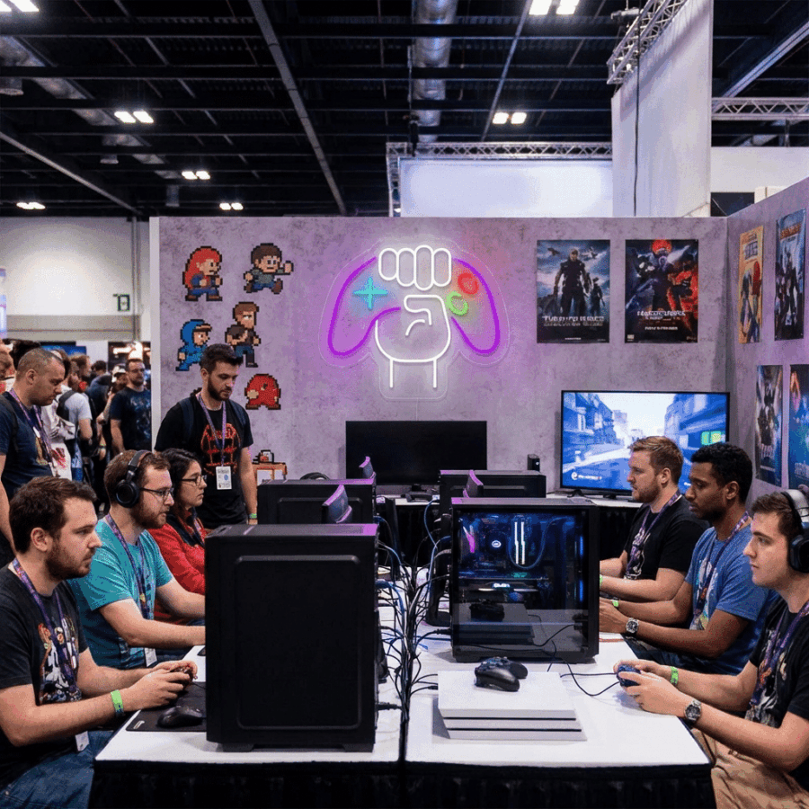 People play a multiplayer video game at computer stations during a gaming convention, with a Gaming Controller Neon sign and colorful game posters displayed on the wall behind them.