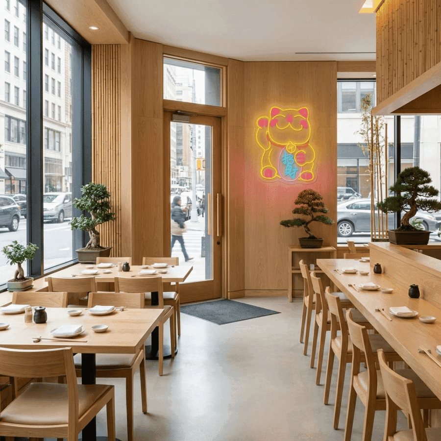 Modern restaurant interior featuring light wood furniture, bonsai plants, and the Neon Maneki Neko, the Lucky Cat sign glowing on the wall. Large windows showcase a city street view outside.