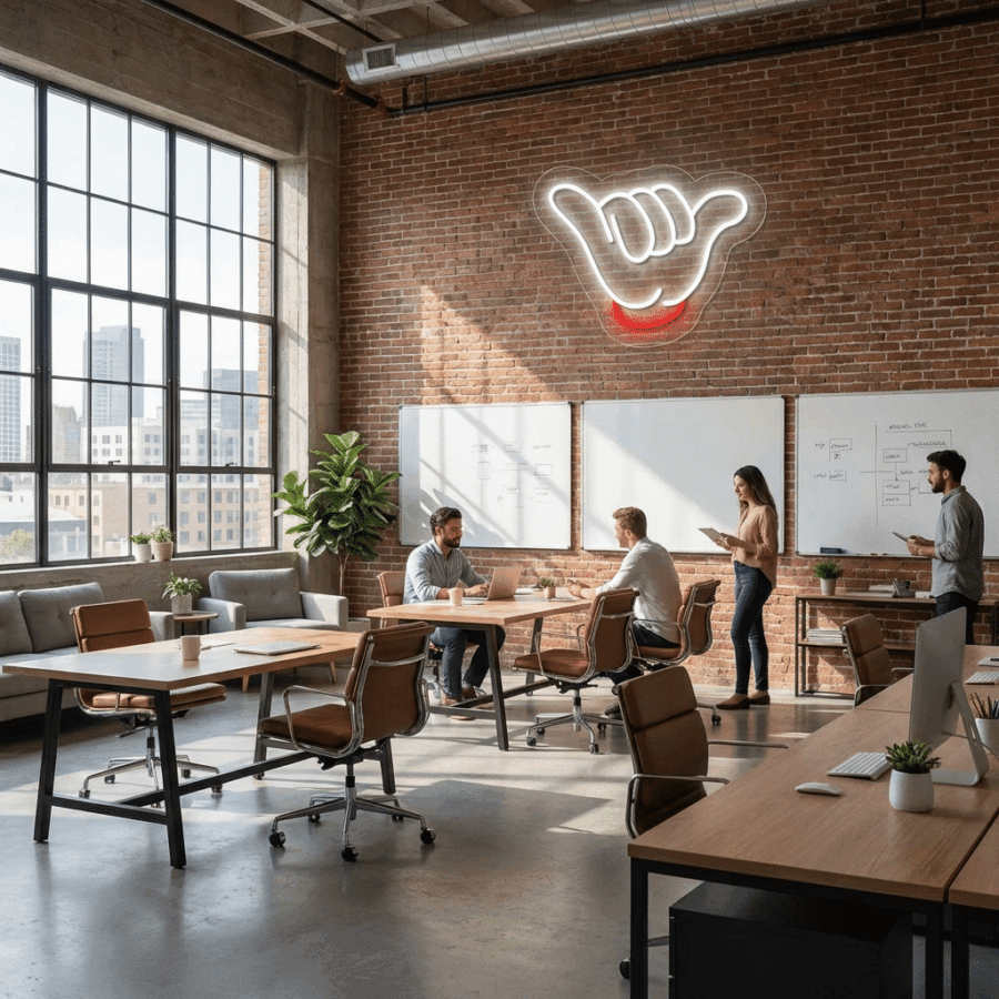Four people collaborate in a modern office with large windows, exposed brick walls, whiteboards, desks full of laptops and papers, and a glowing Pure Life Hand Neon sign.