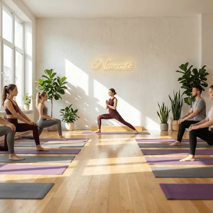 A yoga instructor leads a class in a bright studio with wooden floors, potted plants, and a Namaste Neon sign glowing on the wall. Participants sit on yoga mats facing the instructor.