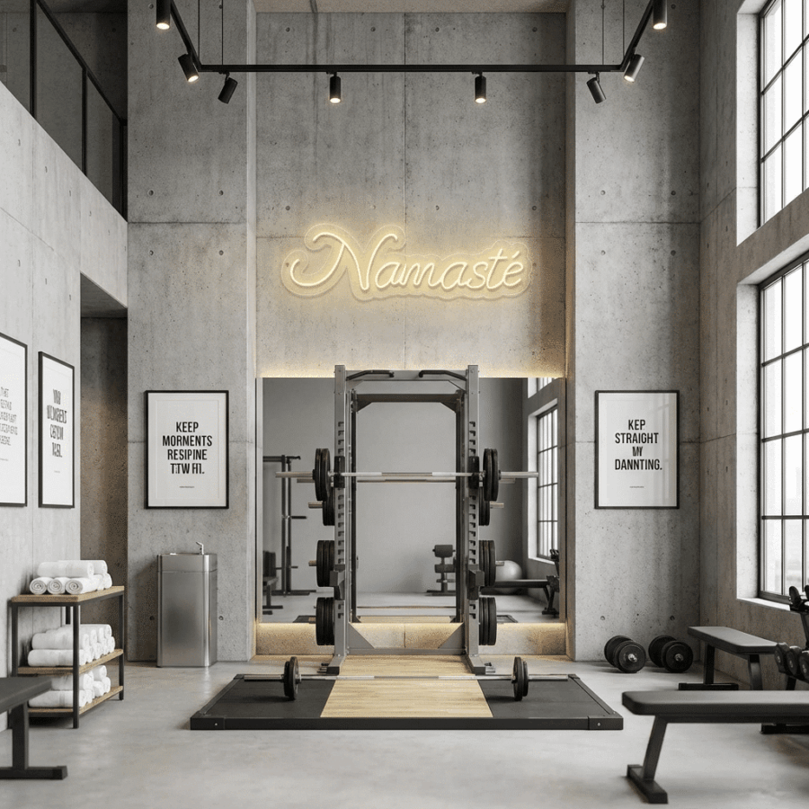 Modern gym featuring concrete walls, large windows, gym equipment, motivational posters, towel racks, and the Namaste Neon sign glowing above a mirror.