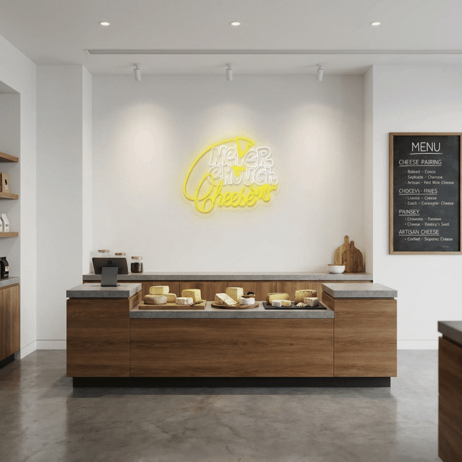A modern cheese shop interior with wooden counters displaying cheeses, a wall menu board, and the "Neon Never Enough Cheese" sign illuminating the space.