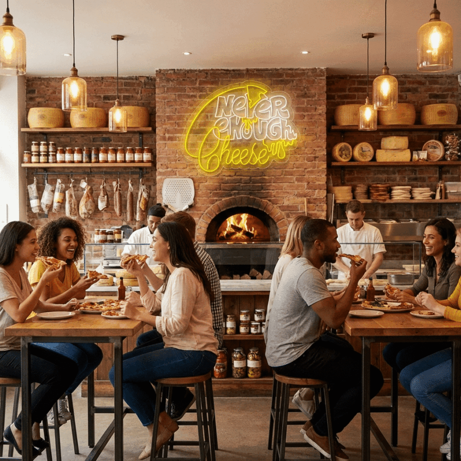 People enjoy pizza in a cozy restaurant with brick walls and shelves of cheese, featuring the Neon Never Enough Cheese sign above the wood-fired oven.