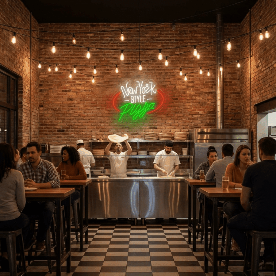 In a pizza restaurant with exposed brick walls and checkered floors, people sit at tables while cooks work behind the counter beneath a bright New York Style Neon Pizza sign glowing on the wall.