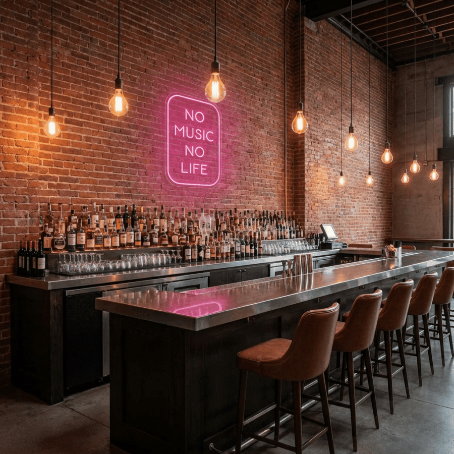 A modern bar features a brick wall, shelves of liquor, brown chairs, a polished metal counter, hanging bulbs, and the Neon No Music No Life sign glowing above.