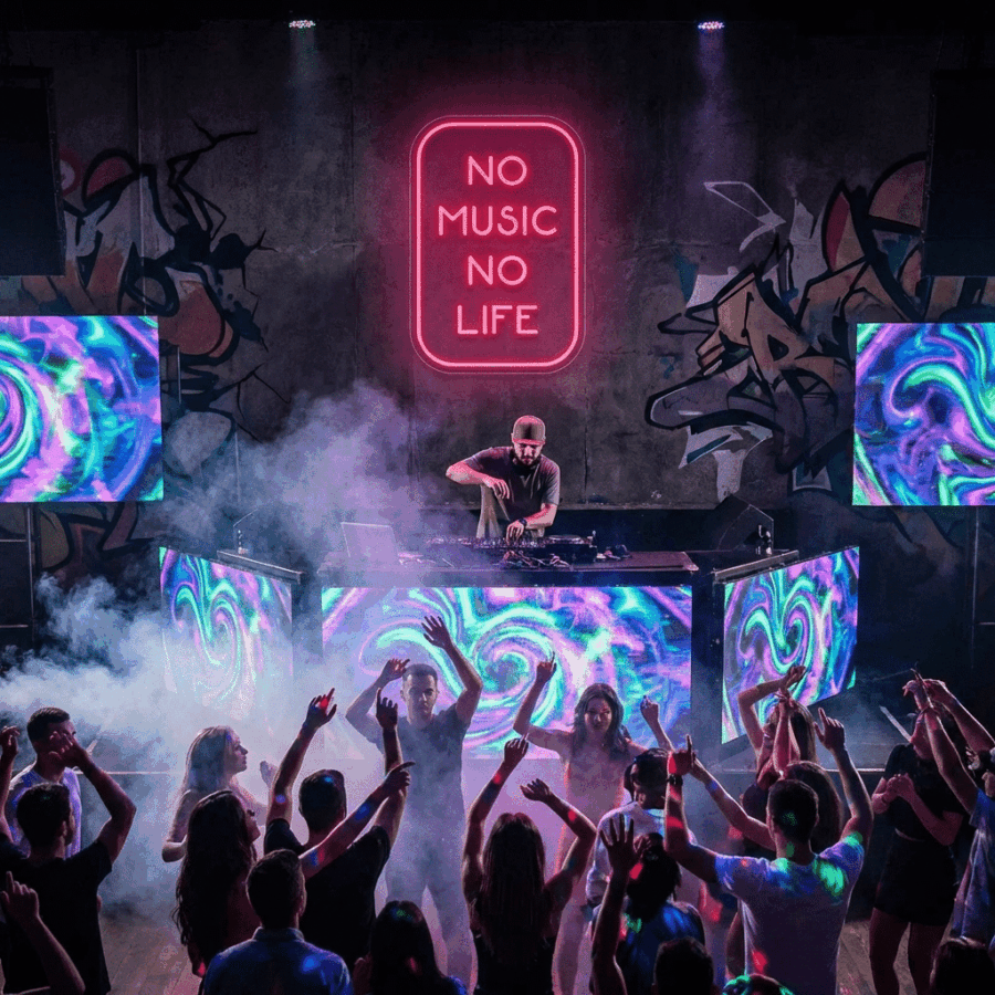 A DJ performs on stage with colorful screens and a Neon No Music No Life sign glowing, while a lively crowd dances in a smoky, dimly lit club.