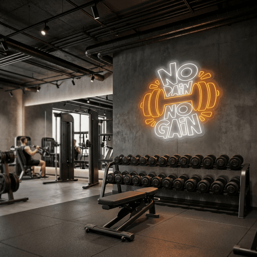 A modern gym features weight racks, a workout bench, and gym-goers exercising beneath the Neon No Pain No Gain sign, which lights up the wall alongside a dumbbell graphic.