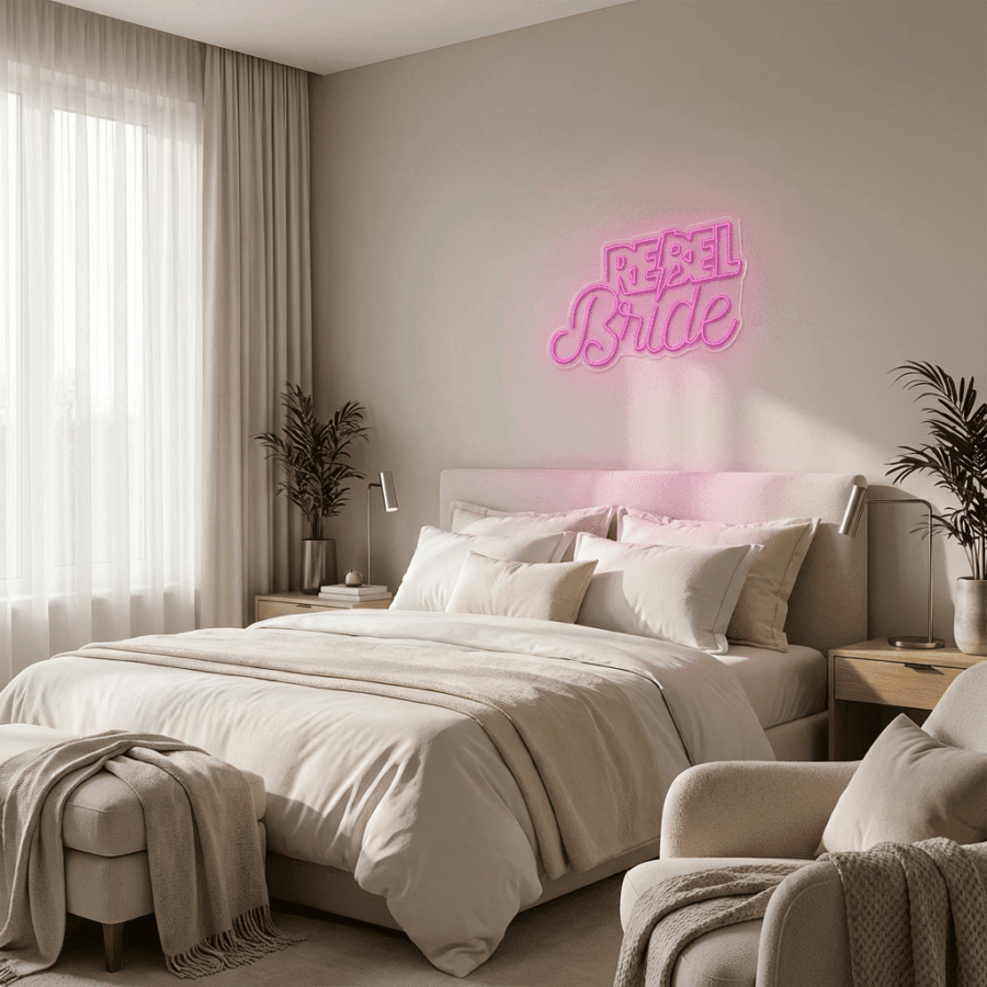A modern bedroom with a large bed, neutral decor, potted plants, and a pink neon sign on the wall that reads "Rebel Bride Neon.