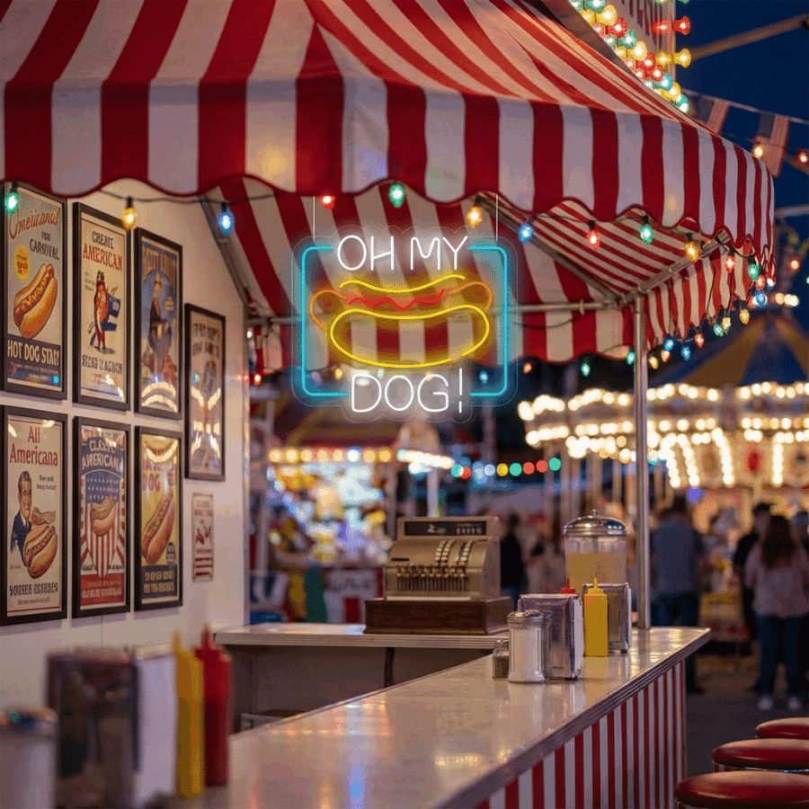 The Oh My Dog! Neon hot dog stand features a red and white striped canopy, neon "OH MY DOG!" sign, Ramen-inspired neon lights, condiment bottles, and festive lighting at a bustling nighttime fair.