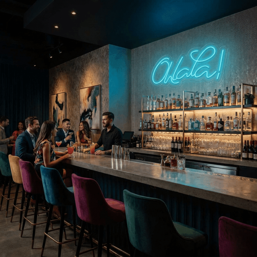 People sit and chat at a modern bar with colorful stools and a Neon Ohlala! sign glowing on the wall. Behind the bar, shelves display various bottles and glassware.