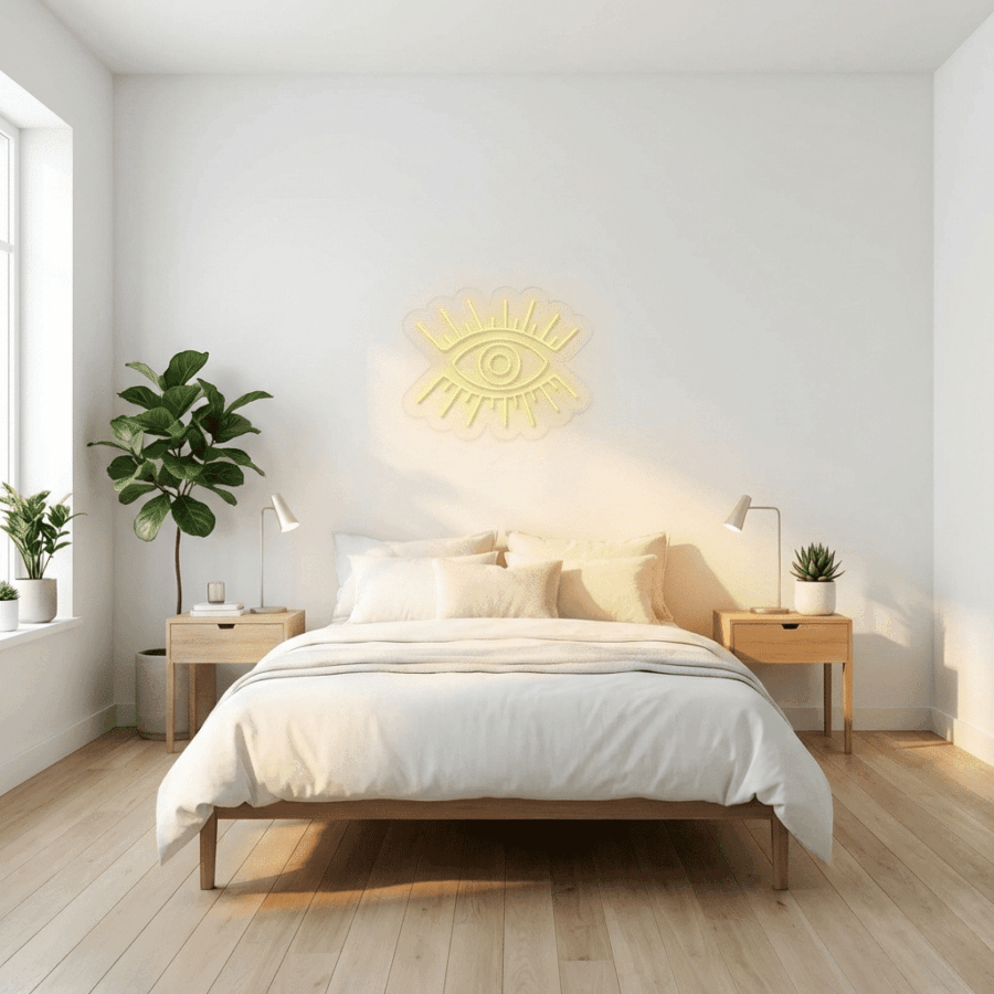Minimalist bedroom with a double bed, wooden floor, bedside tables, potted plants, and the Neon Eye yellow wall light above the headboard. The room is filled with natural light.