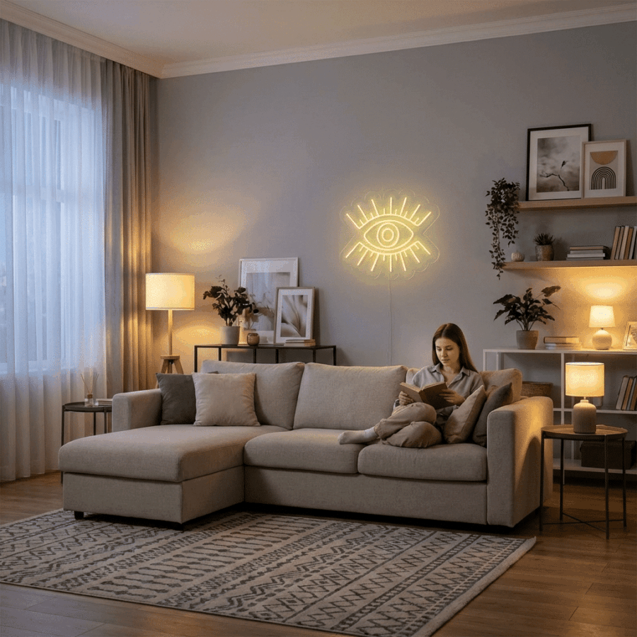 A woman reads on a beige sectional sofa in a modern living room featuring minimalist decor, warm lighting, and the Neon Eye wall sign.