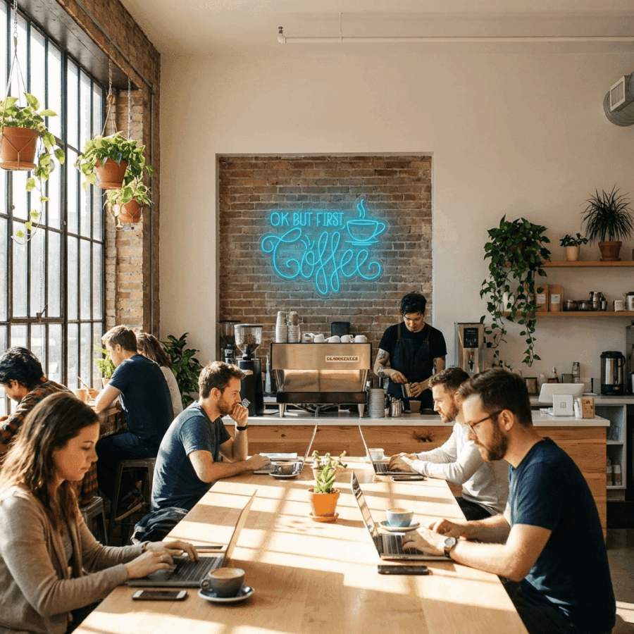 People work on laptops at wooden tables in a bright café with plants and sunlight, under the Neon OK But First Coffee sign. Nearby, a playful selfie corner invites customers as the barista prepares drinks behind the counter.