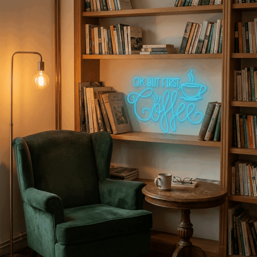 A cozy reading nook with a green armchair, floor lamp, round table with coffee cup, bookshelves, and the Neon OK But First Coffee sign featuring a cup illustration.