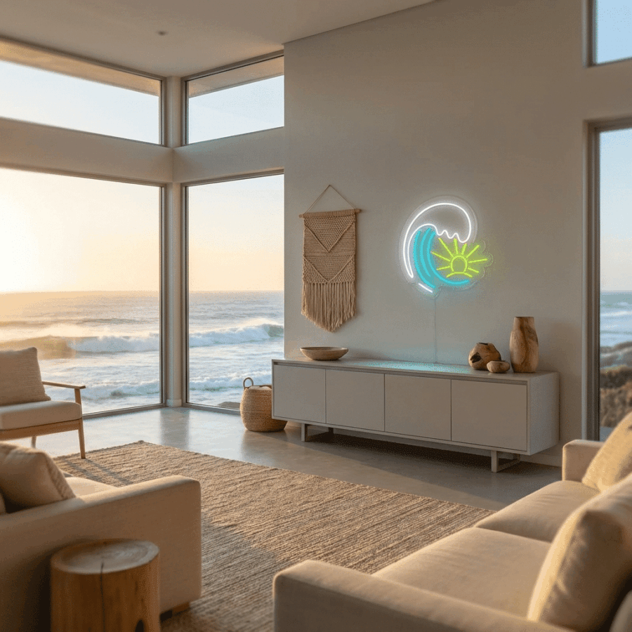 Modern living room with large windows facing the ocean, minimalist furniture, a woven wall hanging, and the Neon Wave light on the wall.