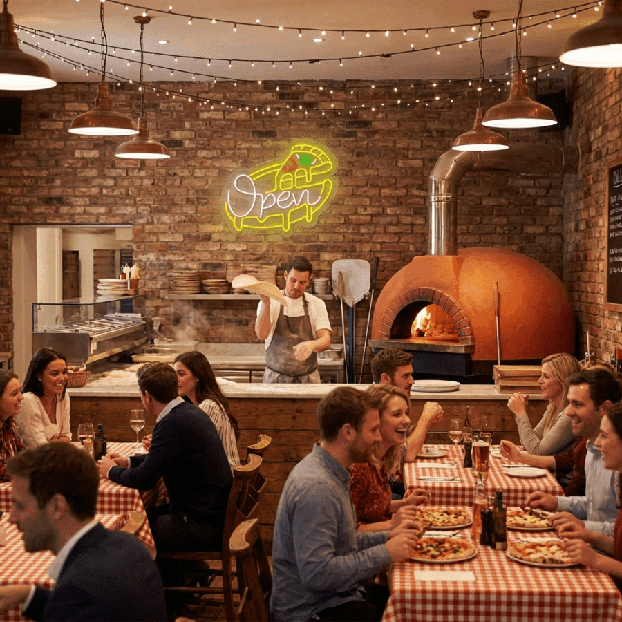 A chef prepares pizza near a wood-fired oven in a lively restaurant with brick walls, diners at tables with checkered cloths, and an Open Pizza Neon sign glowing brightly.