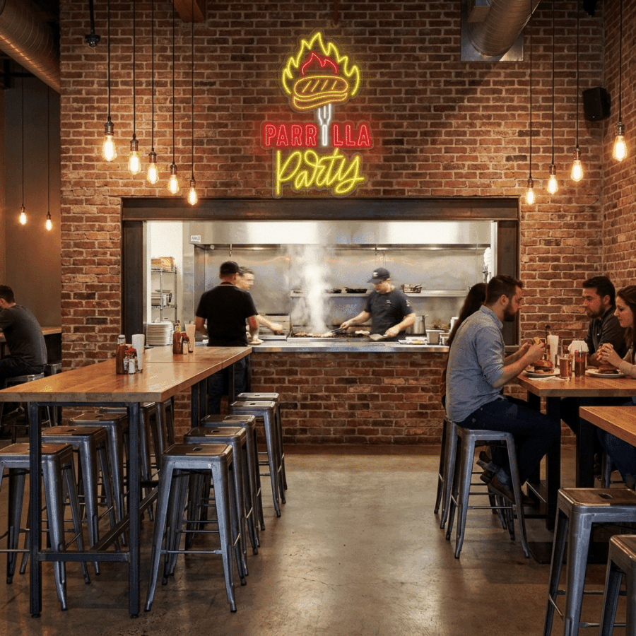 Neon Grill Party is a casual spot with brick walls, industrial decor, and an open kitchen where chefs cook as guests relax at wooden tables under vibrant hanging lights.