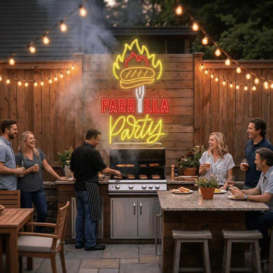 People gather in a backyard around a grill, chatting and eating beneath string lights and a glowing "Neon Grill Party" sign.