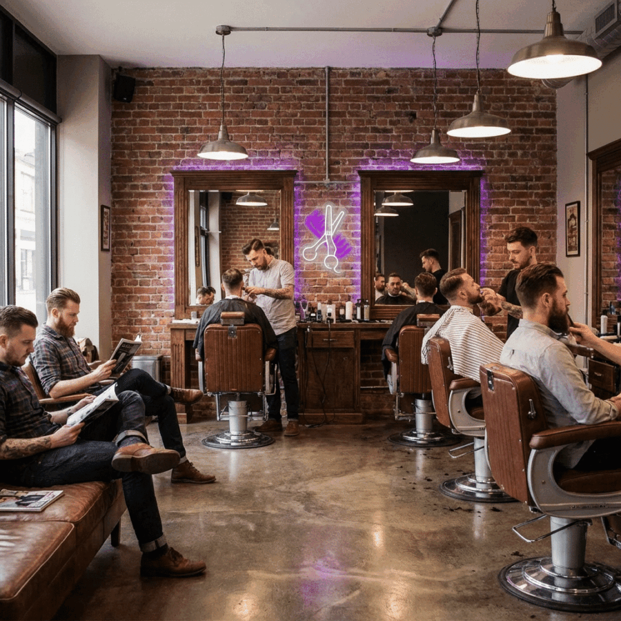 A barber shop featuring exposed brick walls, large mirrors, and the Neon Comb and Scissors sign; barbers work while clients relax on a leather couch, reading magazines as they wait.