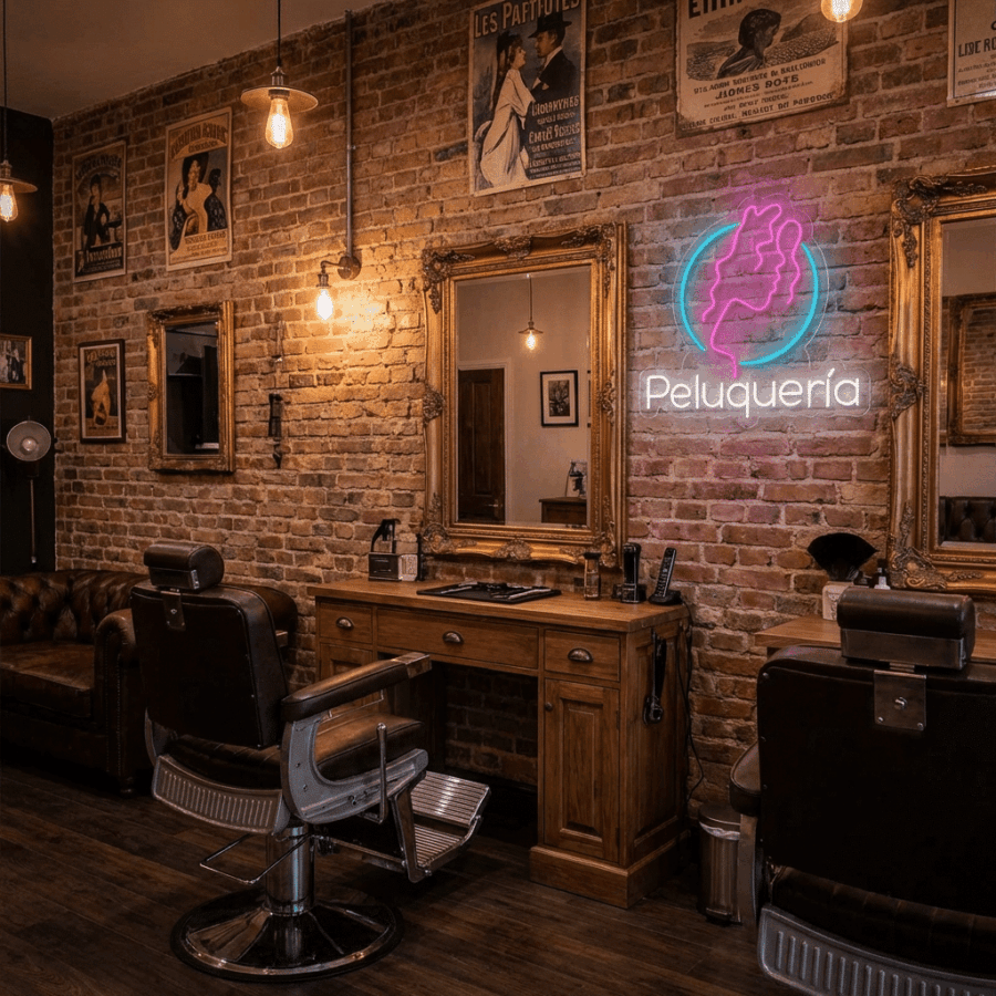 A women's hair salon with vintage decor, brick walls, framed posters, leather chairs, wooden stations, and a glowing Women's Hair Salon Neon sign.