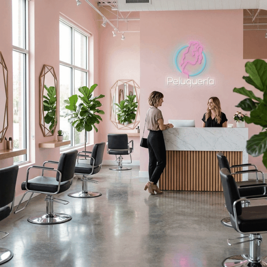 Two women chat at the reception of a stylish women’s hair salon with pink walls, mirrors, plants, black chairs, and a glowing Women's Hair Salon Neon sign that enhances the chic atmosphere.