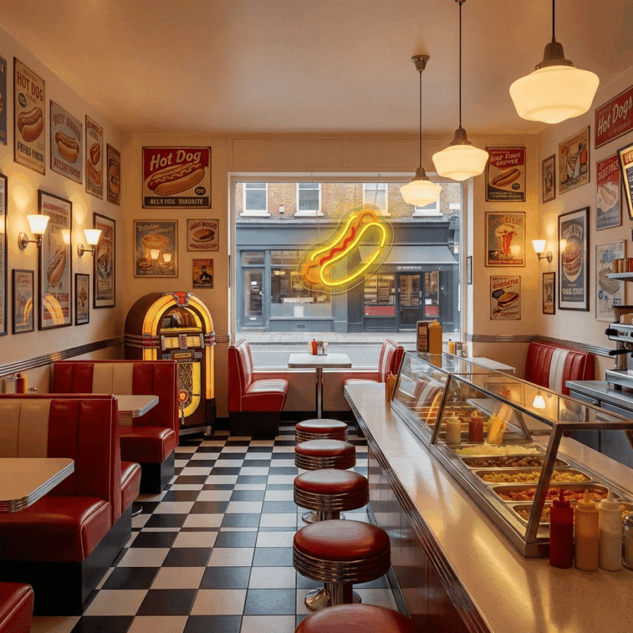 A retro diner with red booths, checkered floor, counter stools, hot dog posters, a jukebox, and the Hot Dog Neon Sign glowing vibrantly in the window.